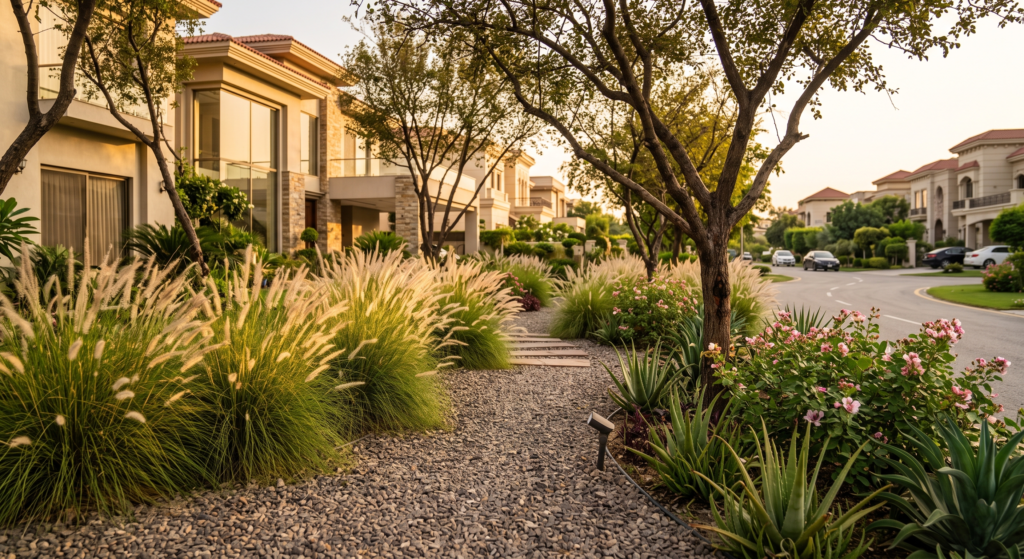 Drought tolerant plants Pakistan landscape design with native Ziziphus and ornamental grasses in a DHA garden