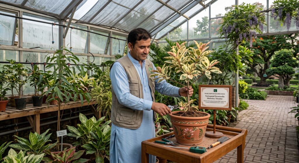Exotic plant maintenance services Pakistan horticulturist inspecting rare imported plant specimens