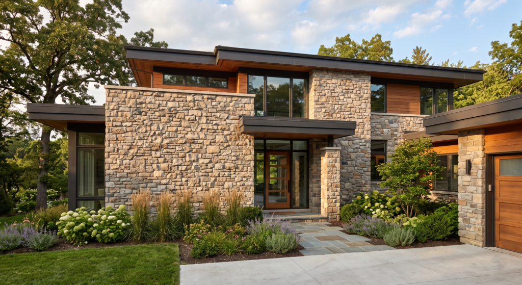 Exterior stone cladding Pakistan natural stone facade on a residential home exterior wall