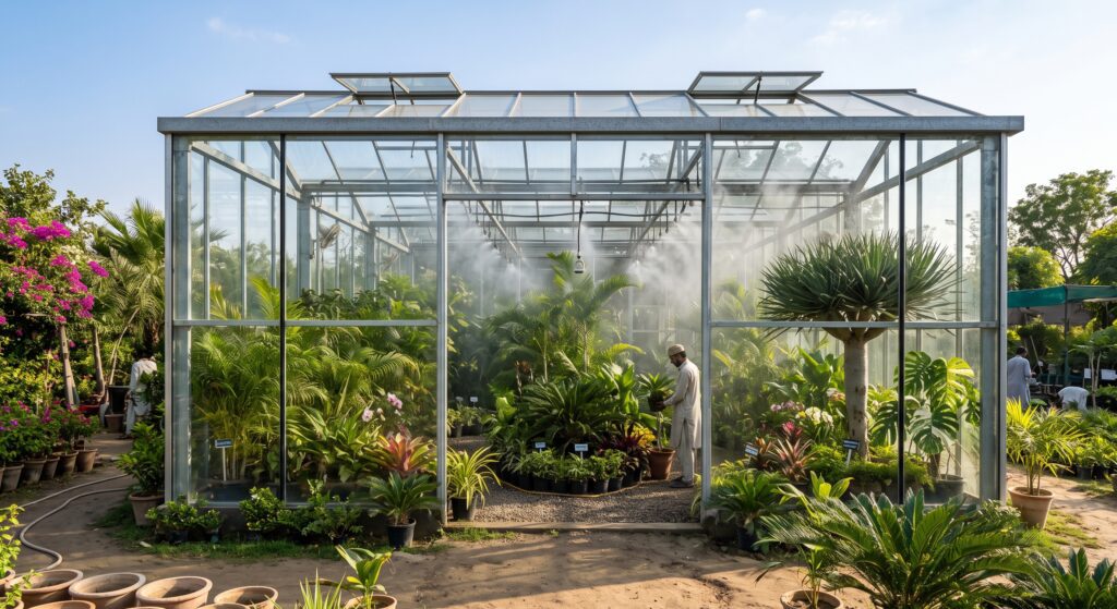 Greenhouse builders Pakistan climate-controlled greenhouse structure for exotic plant acclimatization