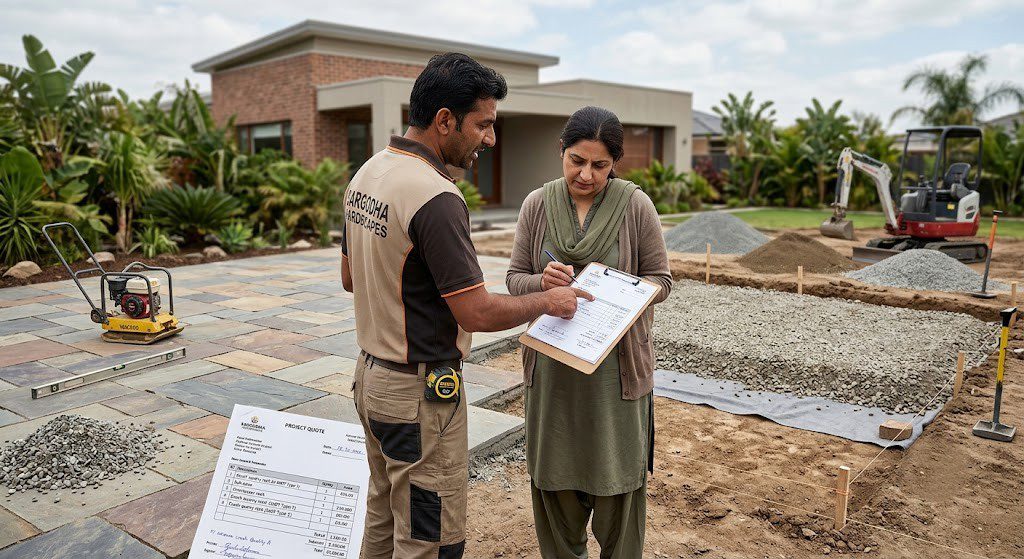 Hardscape cost Pakistan contractor assessing site for a patio and driveway paving project