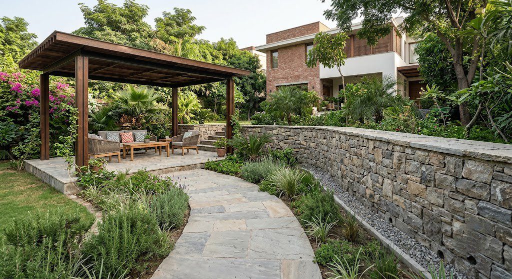 Hardscape design engineered stone pathway and retaining wall on a Pakistani residential property