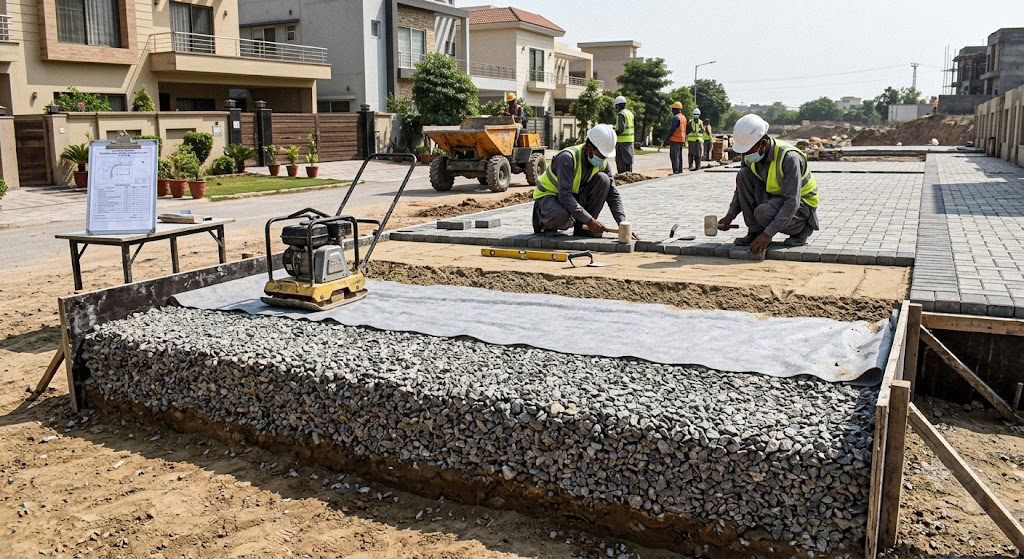 Hardscape drainage properly graded gravel sub-base and slope for a paver patio installation