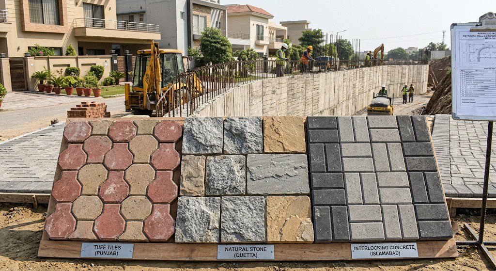 Hardscape materials cost per sq ft Pakistan — stone and paver options for driveway and patio pricing comparison