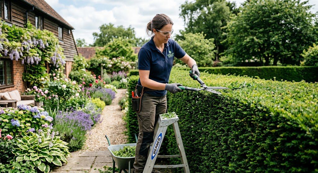 Hedge trimming services professionally shaped evergreen hedge in a residential garden