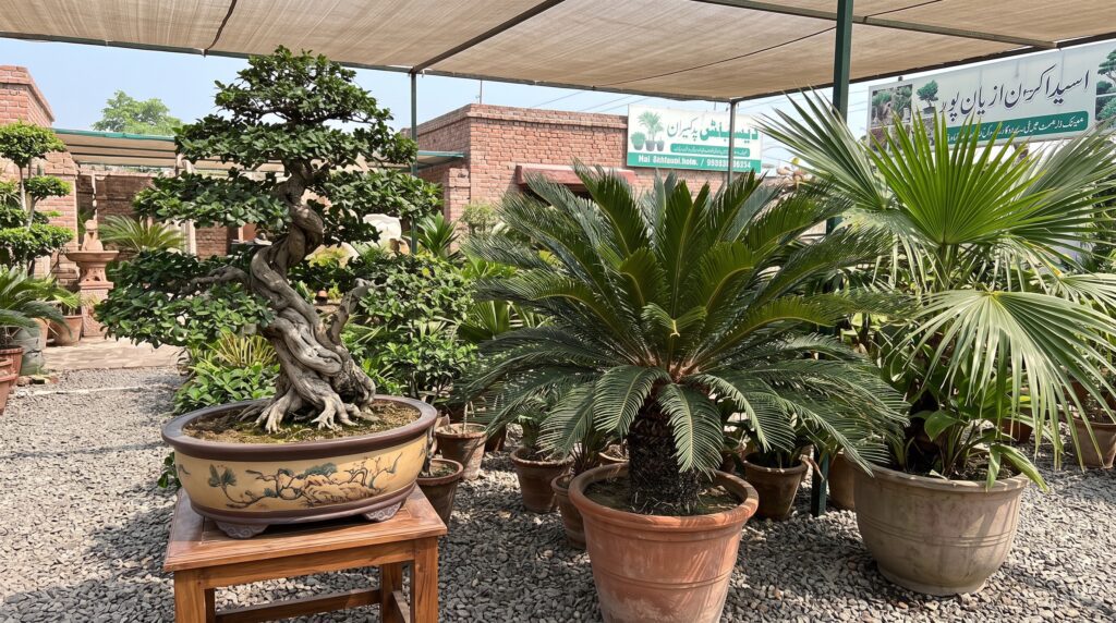 Imported exotic plants price Pakistan bonsai, cycad, and palm specimens in a nursery display