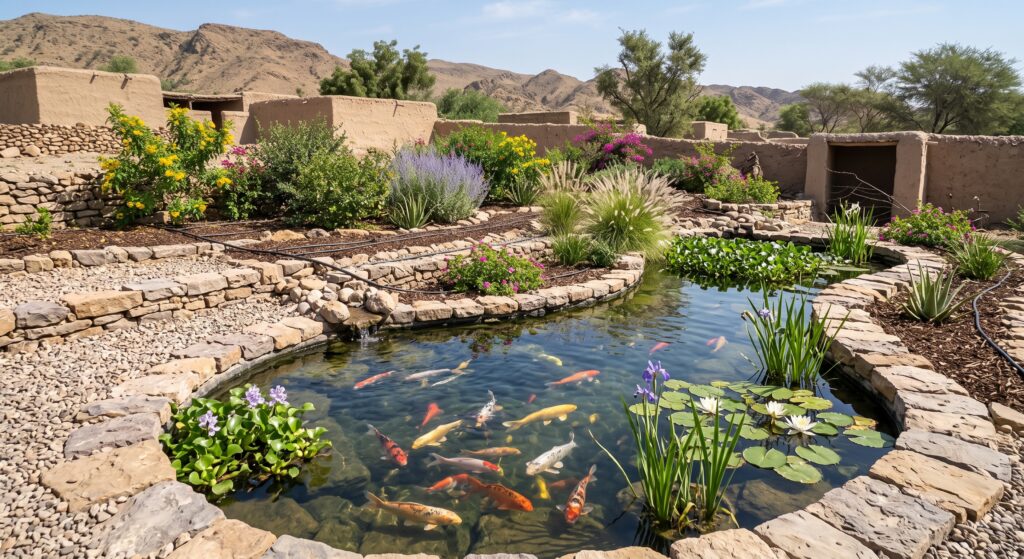Koi pond construction Pakistan custom backyard koi pond with stone edging and aquatic plants