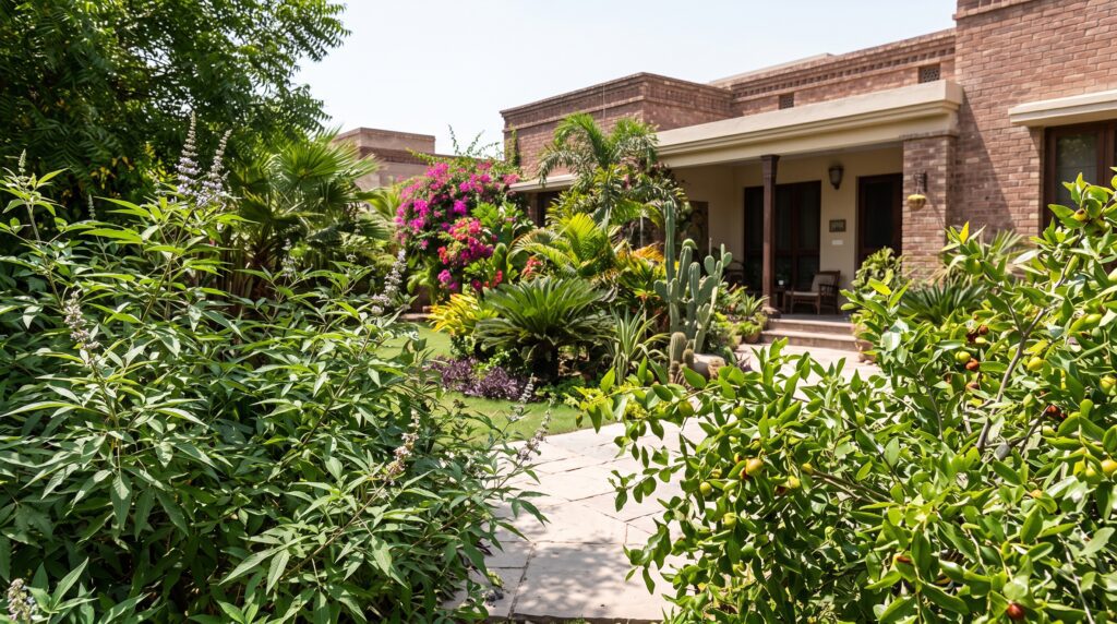 Native vs exotic plants Pakistan garden comparison showing indigenous Vitex and Kaner alongside ornamental exotic species
