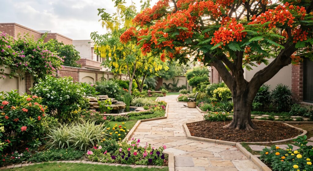 Native vs exotic plants Pakistan indigenous tree species in a landscaped Pakistani garden
