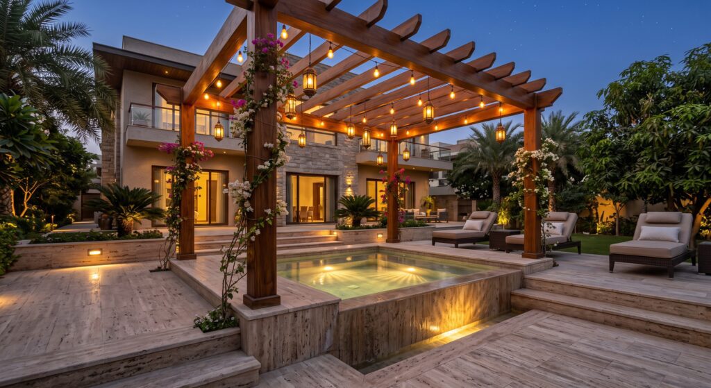 Outdoor jacuzzi for villas Pakistan with heated spa pool, stone decking, and pergola shade at a private estate