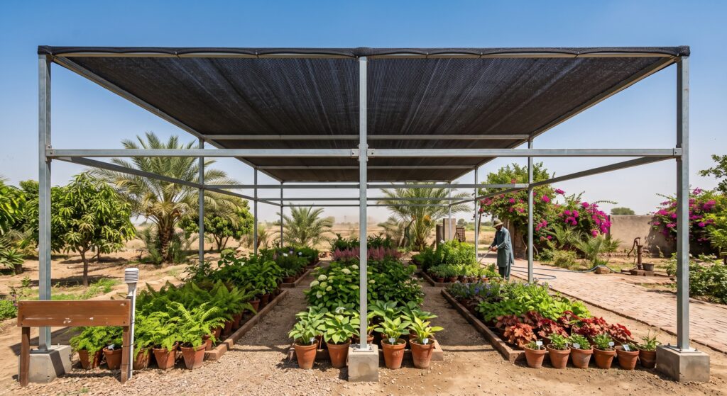 Protect imported plants from heat Pakistan shade cloth over sensitive garden plants