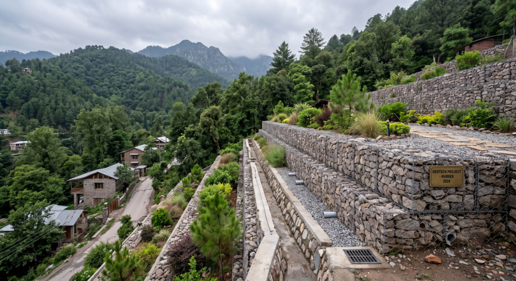 Retaining wall construction in Murree engineered stone retaining wall on sloped hillside terrain