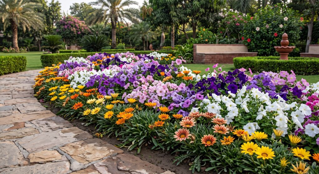 Seasonal planting Pakistan colorful winter annual flower beds in a landscaped garden
