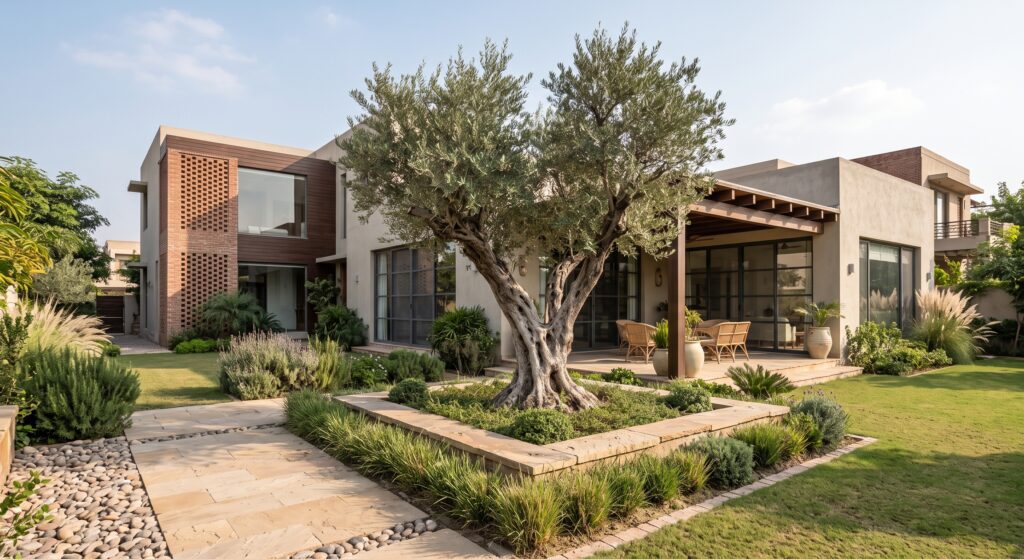 Spanish olive tree care Pakistan showing a mature imported Olea europaea planted in a private garden
