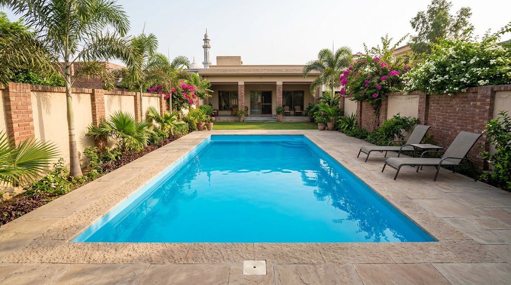 Swimming pool construction cost Pakistan residential fiberglass pool with stone deck
