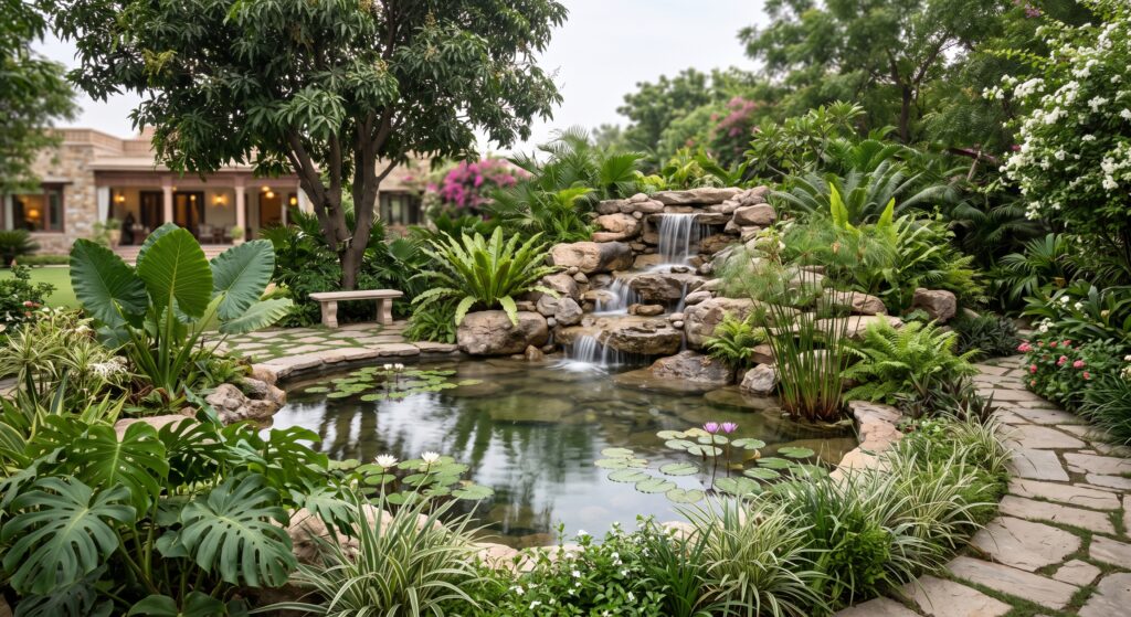 Water feature installation services Pakistan showing a custom garden waterfall and pond built at a private estate