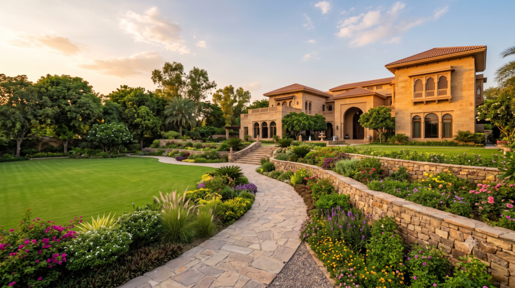 What is landscaping — softscape and hardscape design at a Pakistani estate property