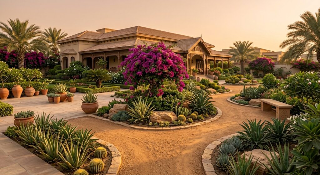 Xeriscaping Pakistan: 5 Water-Saving Principles front yard design with drought-tolerant plants in DHA Karachi
