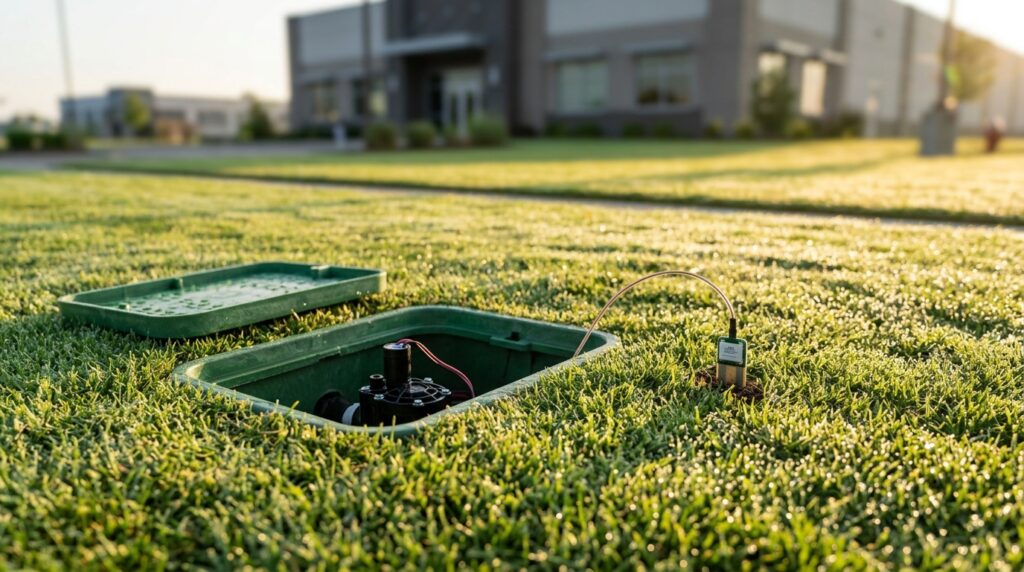 Soil moisture sensors for irrigation installed in a commercial lawn zone with a solenoid valve box in Pakistan